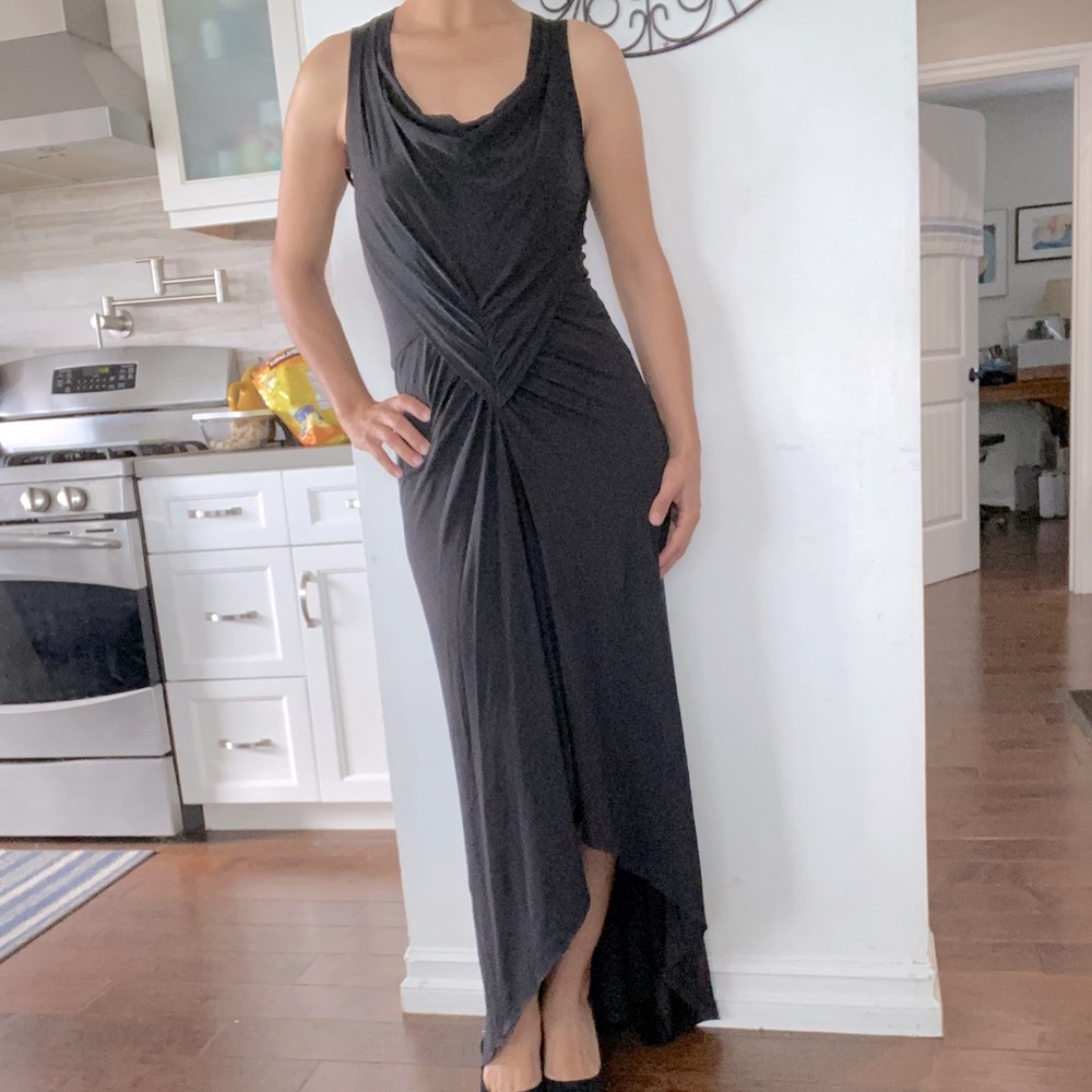 BCBG BLACK "ACJ6F876" DRAPE JERSEY V NECK SLEEVELESS LONG DRESS GOWN